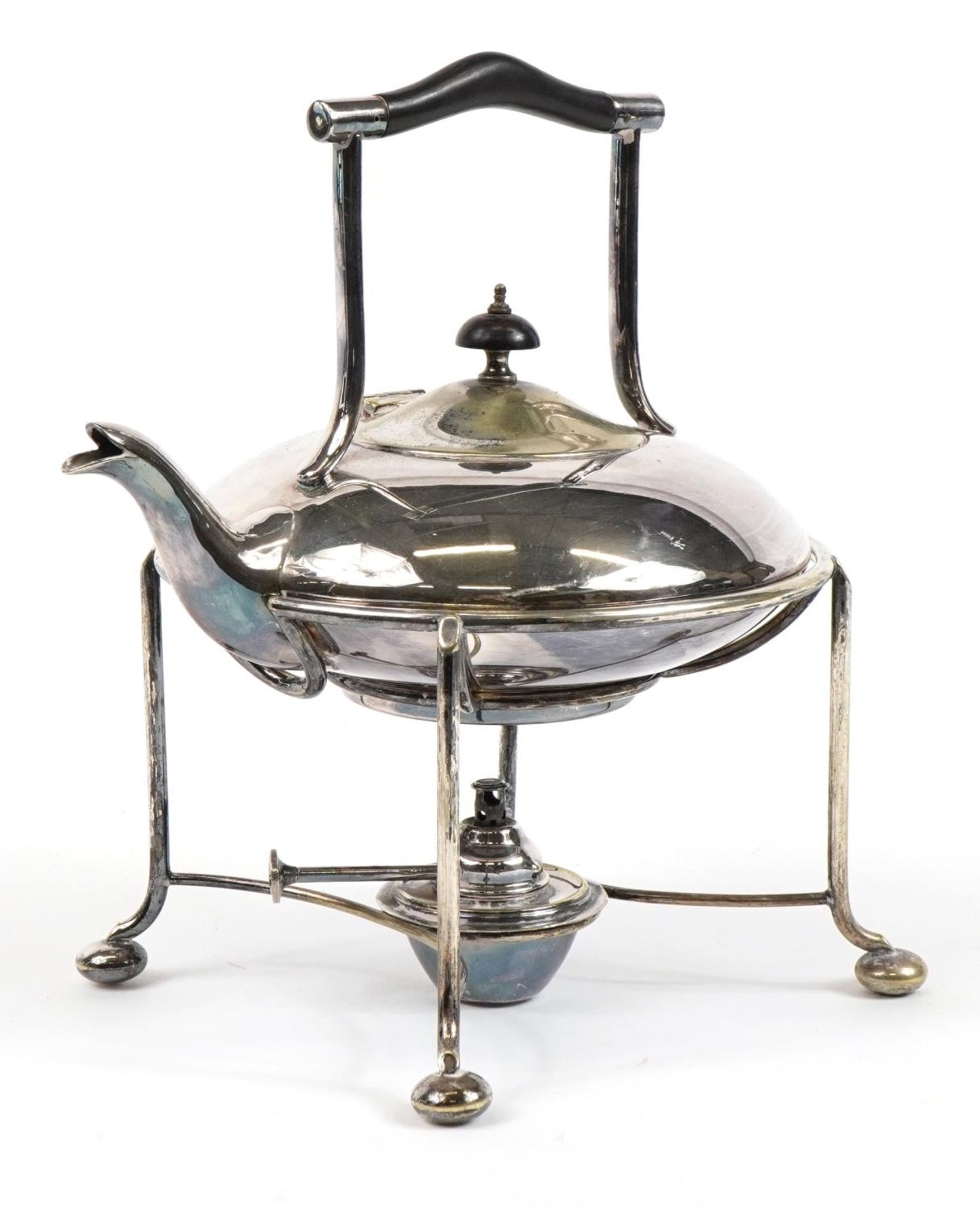 Art Deco silver plated teapot on stand with burner and ebonised mounts, 30cm high