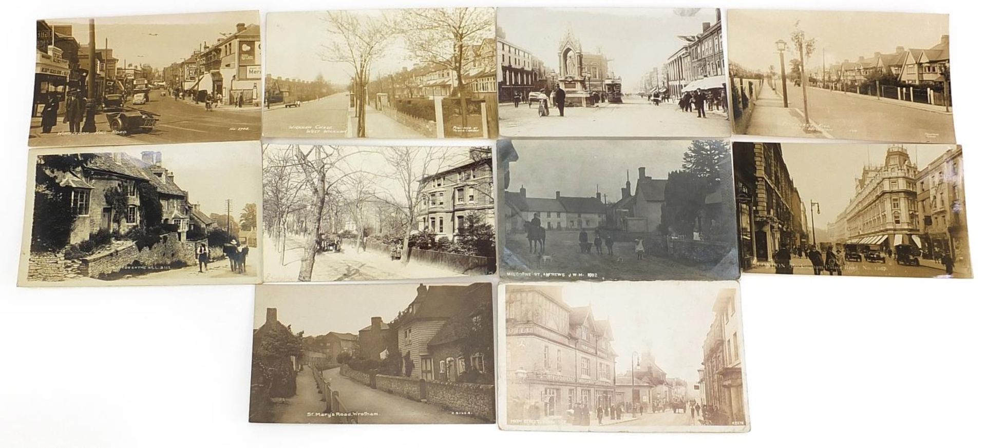 Ten black and white photographic topographical postcards including St Mary's Road, Wrotham and