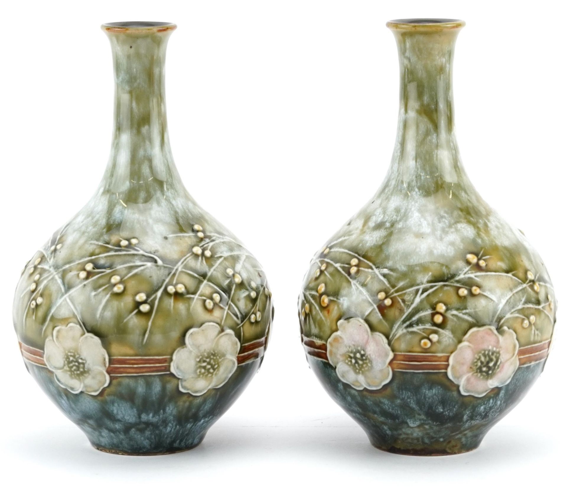Eliza Simmance for Royal Doulton, pair of Art Nouveau stoneware vases hand painted with flowers, - Bild 2 aus 4