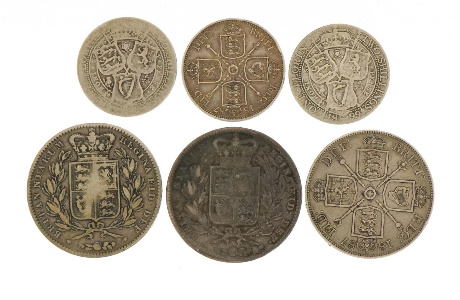 Victorian silver coinage including 1844 and 1847 crowns and an 1887 double florin, 110.0g - Bild 2 aus 2