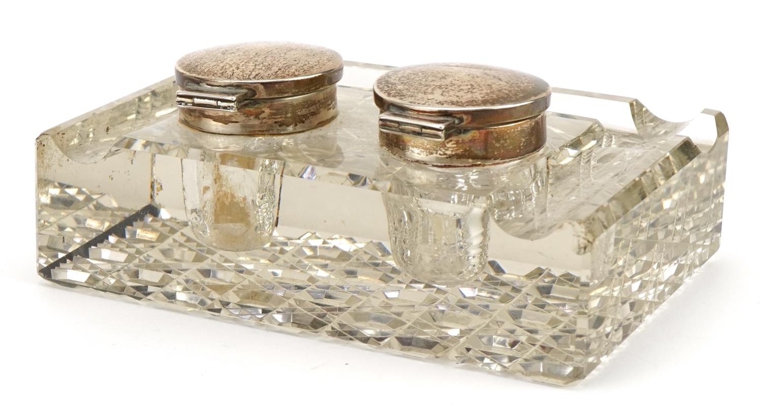 George VI rectangular cut glass desk stand with silver mounted twin inkwells by S Blanckensee & Son, - Image 2 of 4