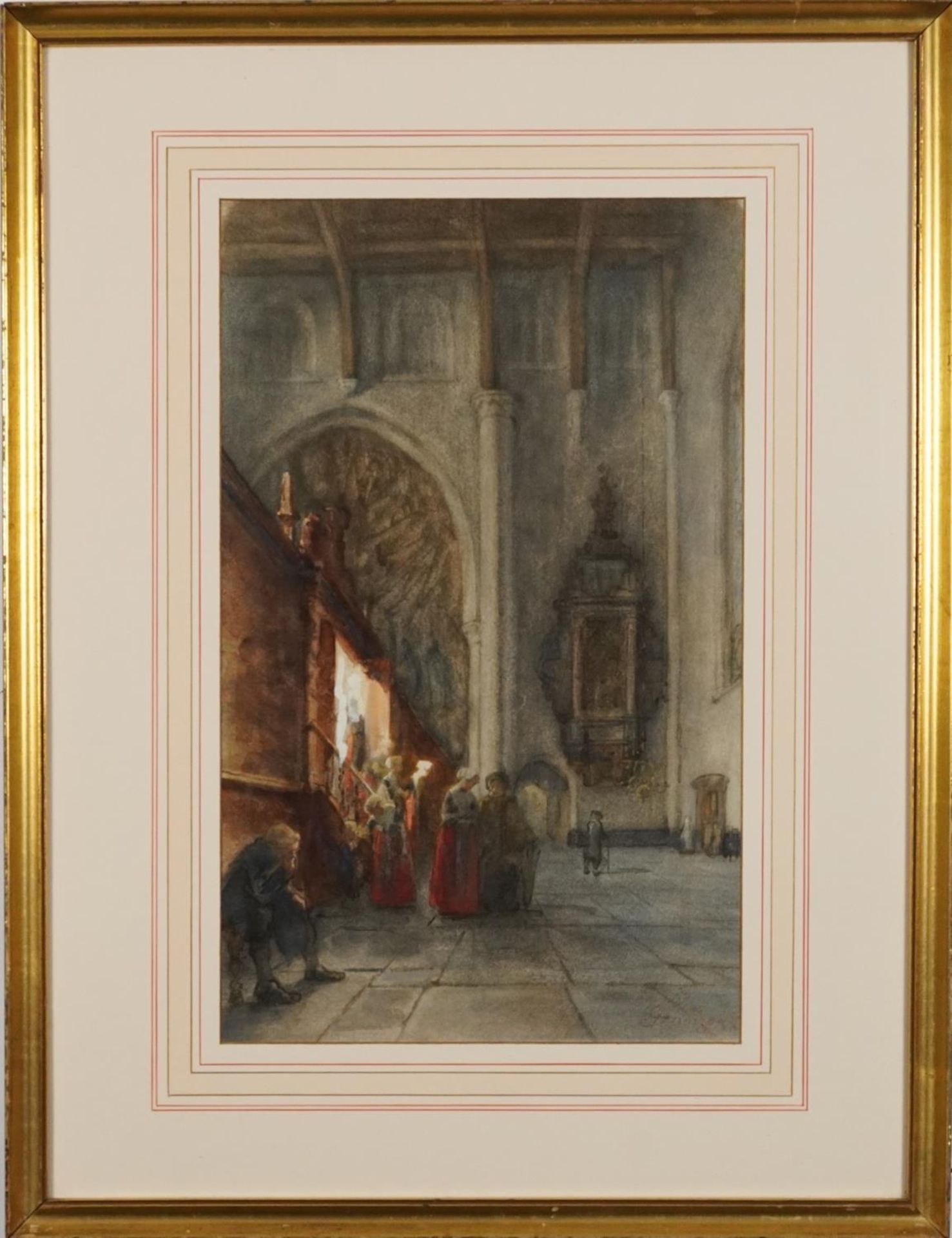 Jules Victor Genisson - Cathedral interior with figures, 19th century Belgian signed watercolour, - Bild 2 aus 4