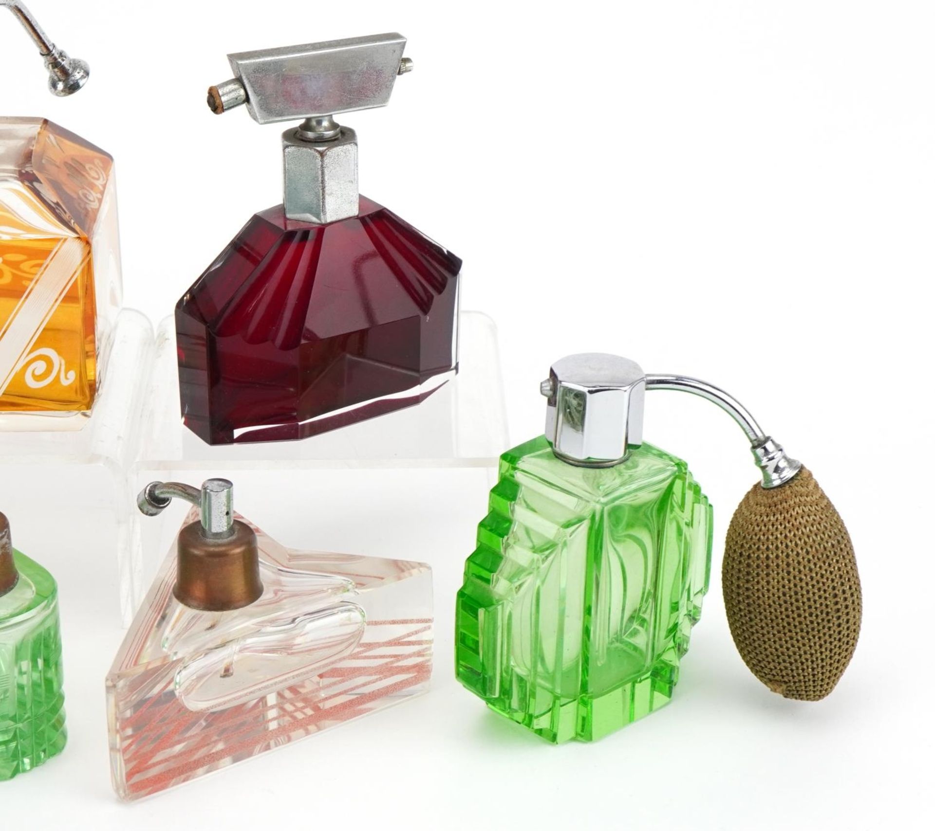 Six French Art Deco glass atomisers including an amber flashed example etched with foliage, the - Bild 3 aus 3