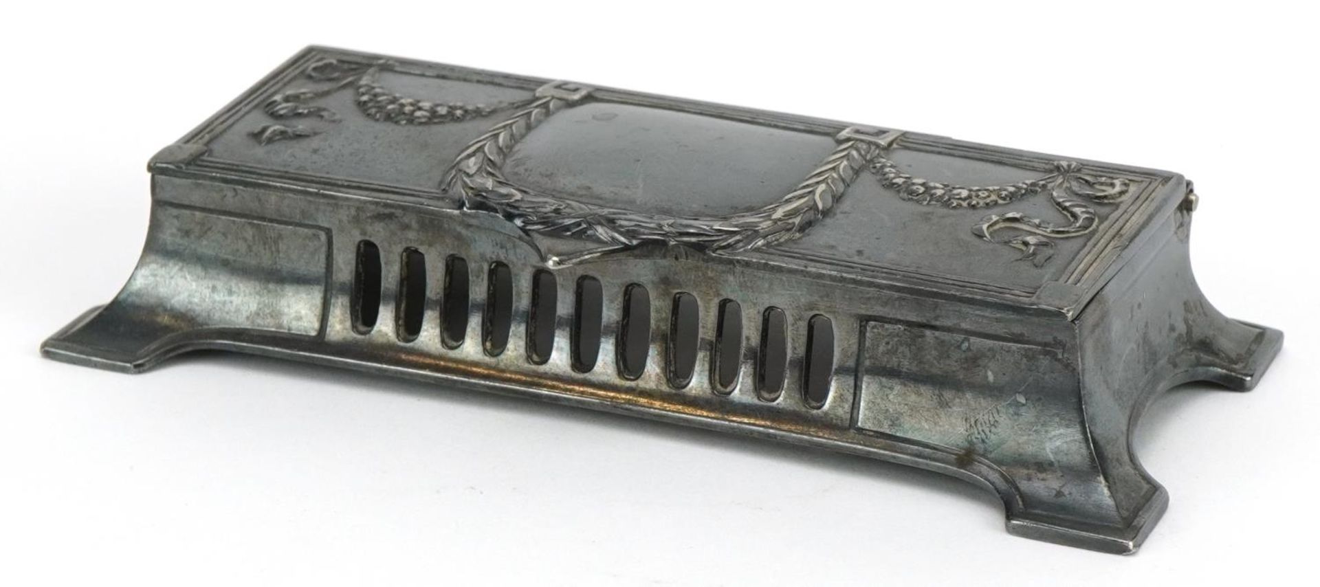 WMF, German Art Nouveau pewter quadruple stamp box on splayed feet, numbered 415 to the base, 12cm