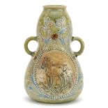 Hannah Barlow for Royal Doulton, Art Nouveau double gourd twin handled vase incised with a horse and