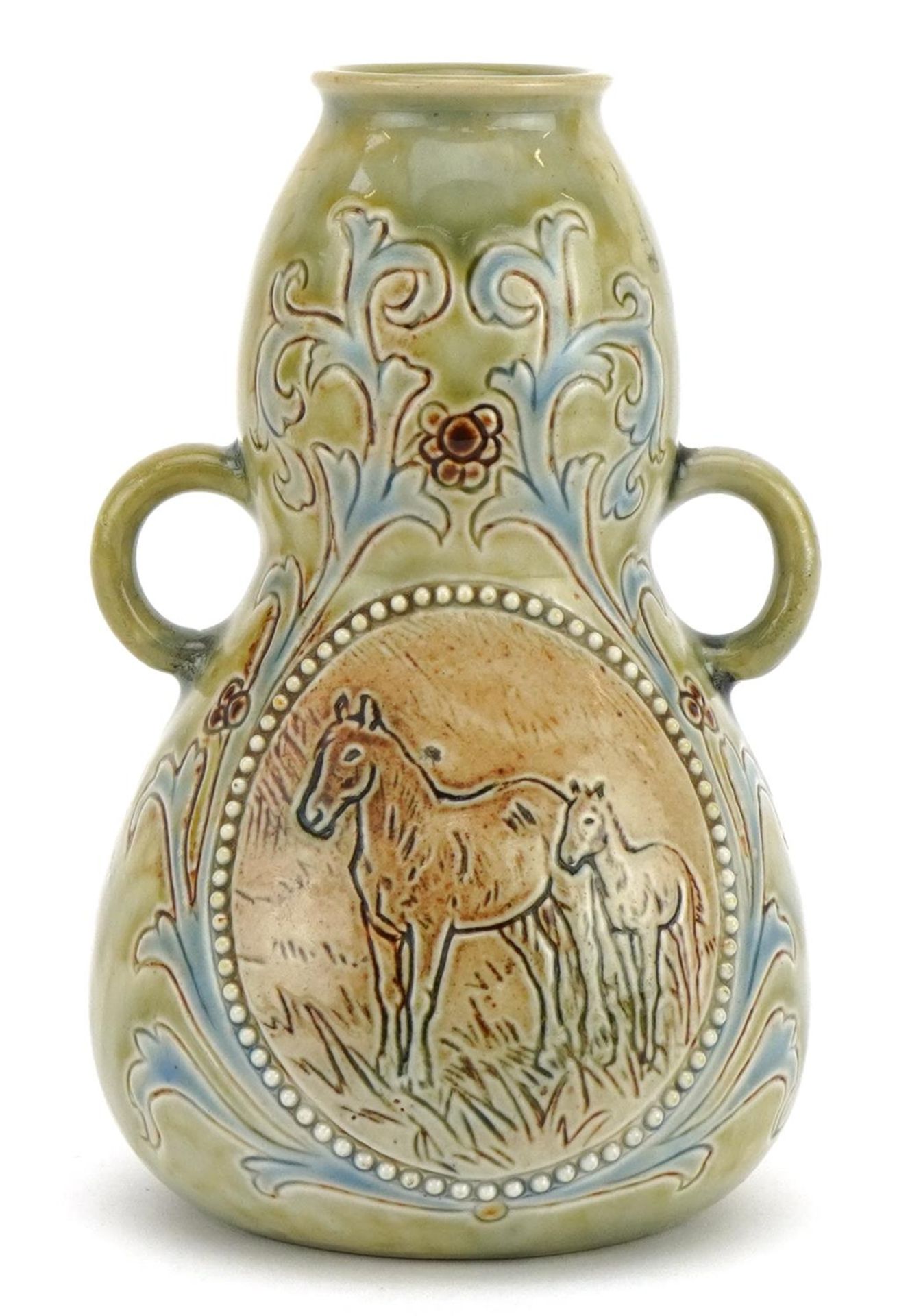 Hannah Barlow for Royal Doulton, Art Nouveau double gourd twin handled vase incised with a horse and