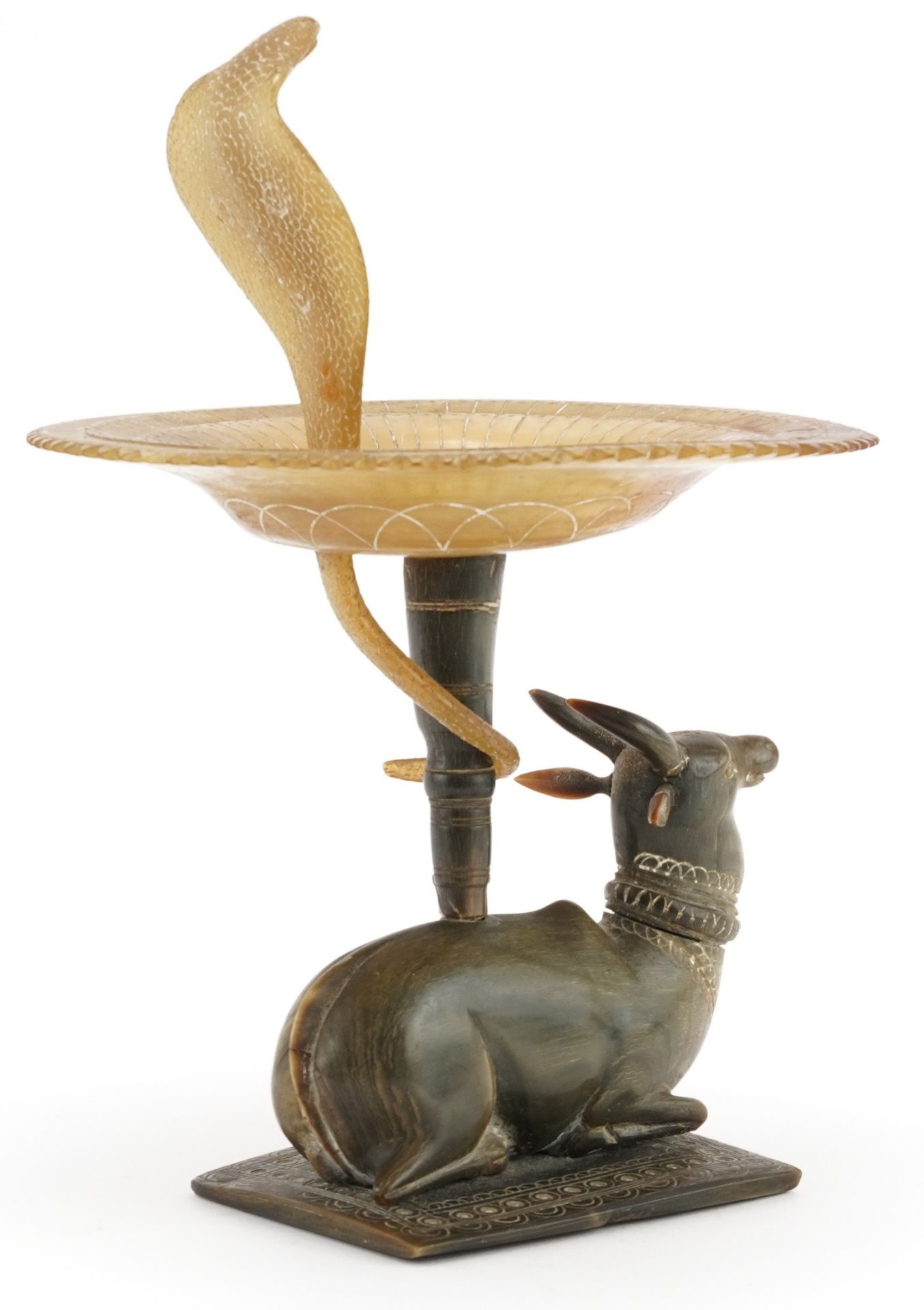 Indian horn pedestal dish carved with a water buffalo and cobra, signed to the base, overall 19cm - Image 2 of 6