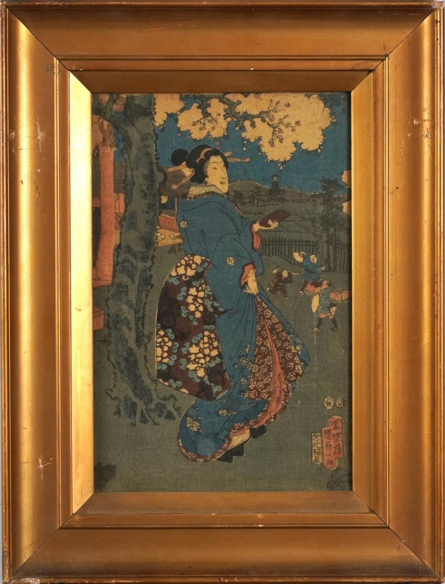 Geishas and children playing, pair of Japanese crepe paper pictures, mounted, framed and glazed, - Image 7 of 9