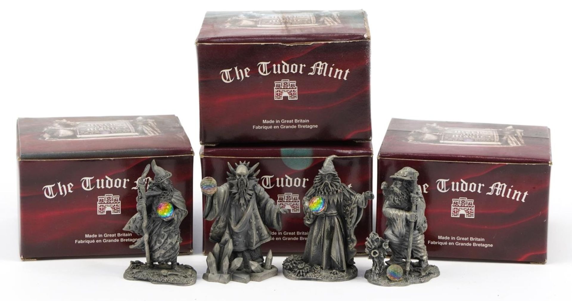 Four Myth & Magic prototype pewter wizards with boxes comprising Spring, Summer, Autumn and