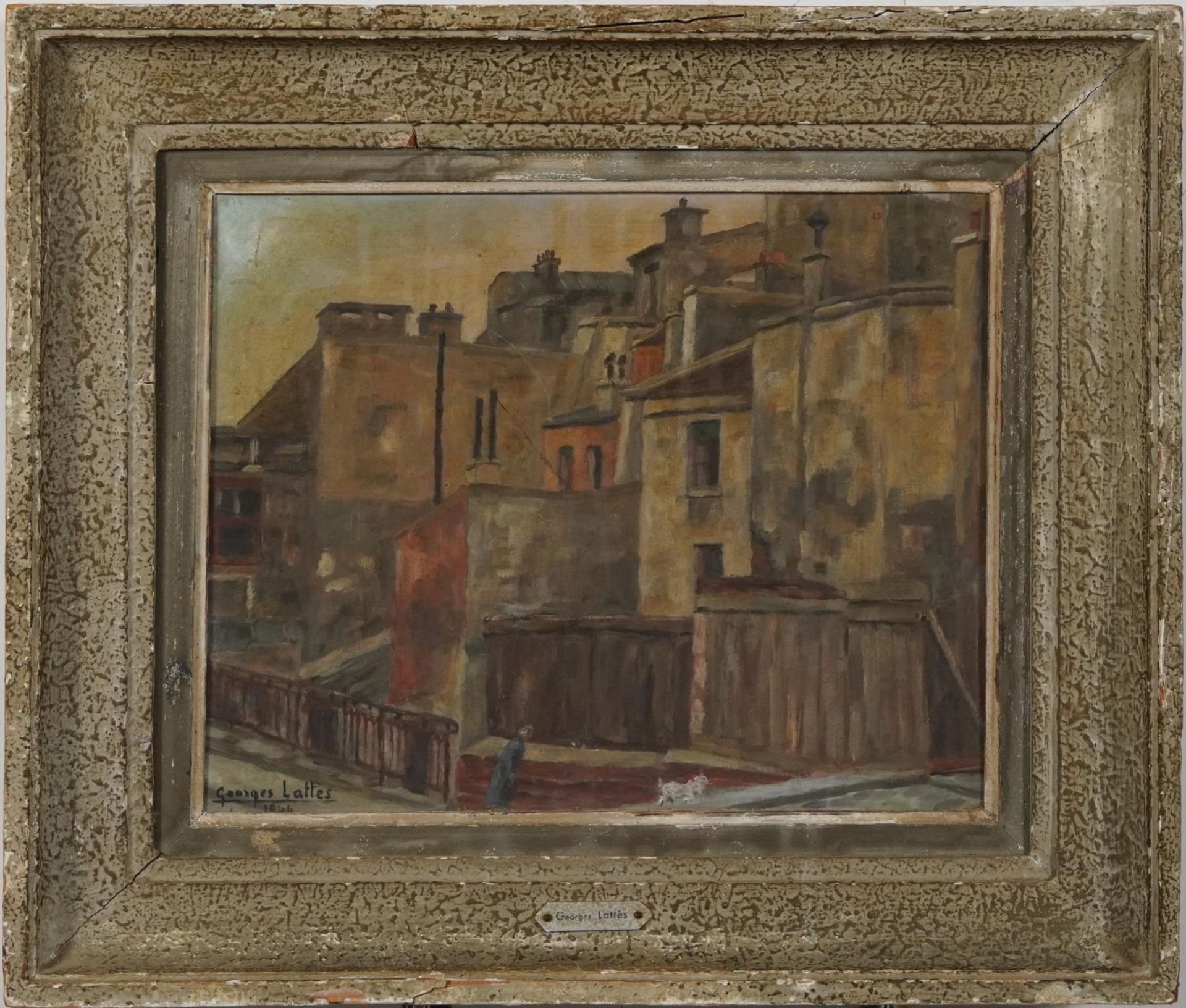 Georges Lattes 1944 - Street scene with figure and dog, French oil on board, label verso, mounted - Image 2 of 6