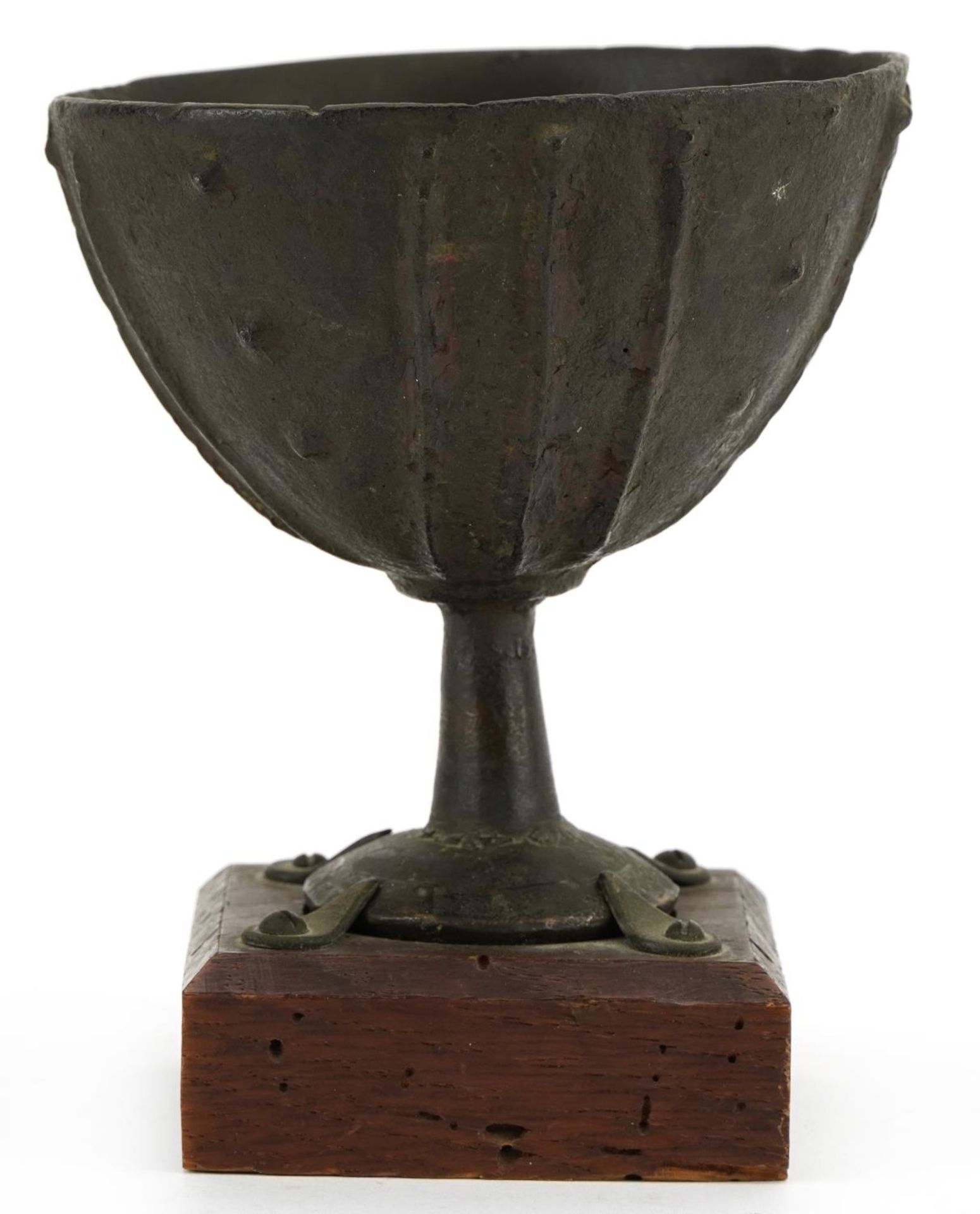 Antique lacquered bronze Etruscan chalice, collection mark to the base, inscribed C58, raised on a