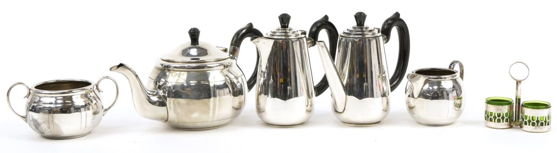Silver plated items including a Modernist three piece tea set and matching water pot and coffee - Image 6 of 11