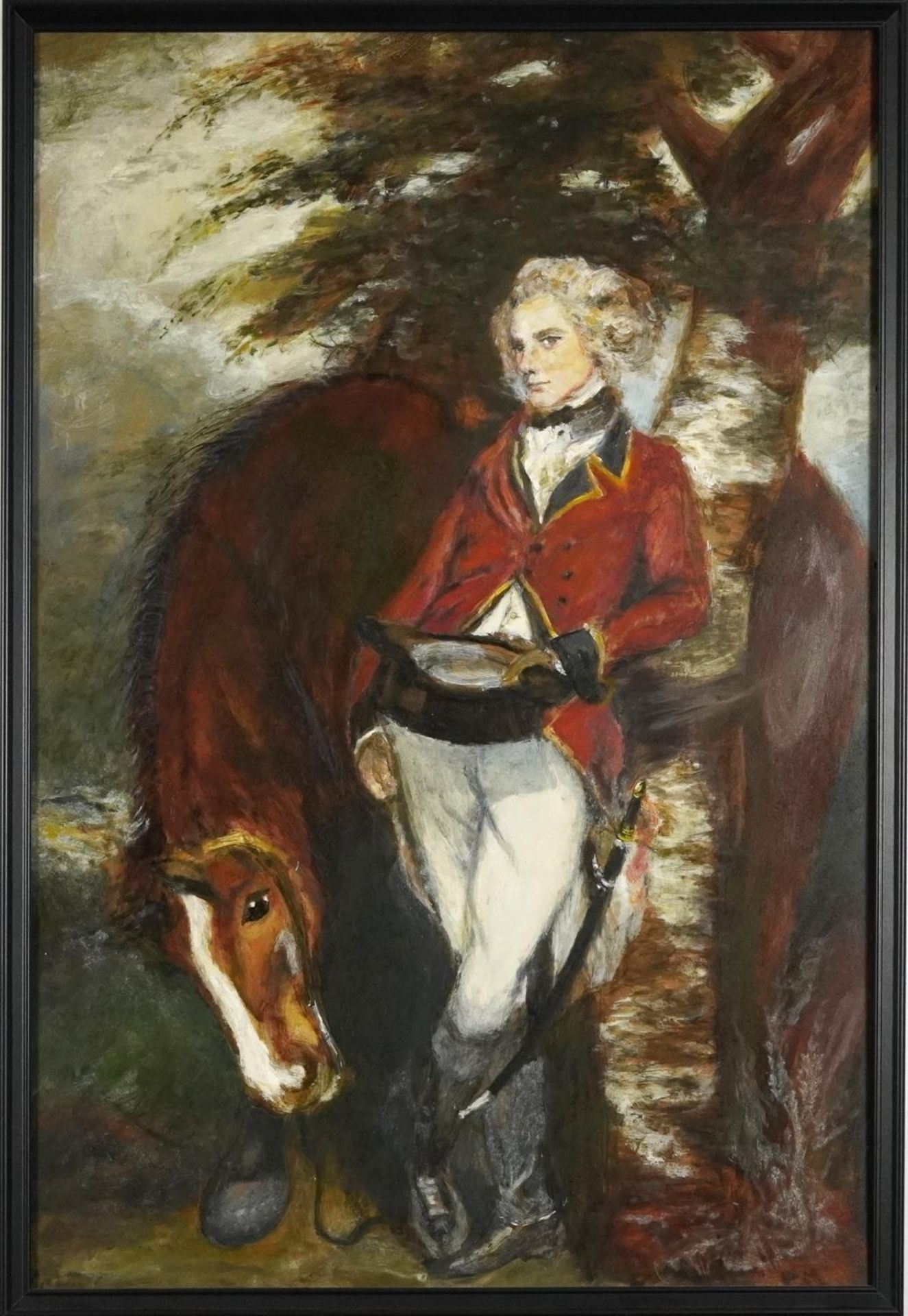 Gentleman wearing military dress beside a horse, oil on board, framed, 90cm x 60cm excluding the - Image 2 of 3