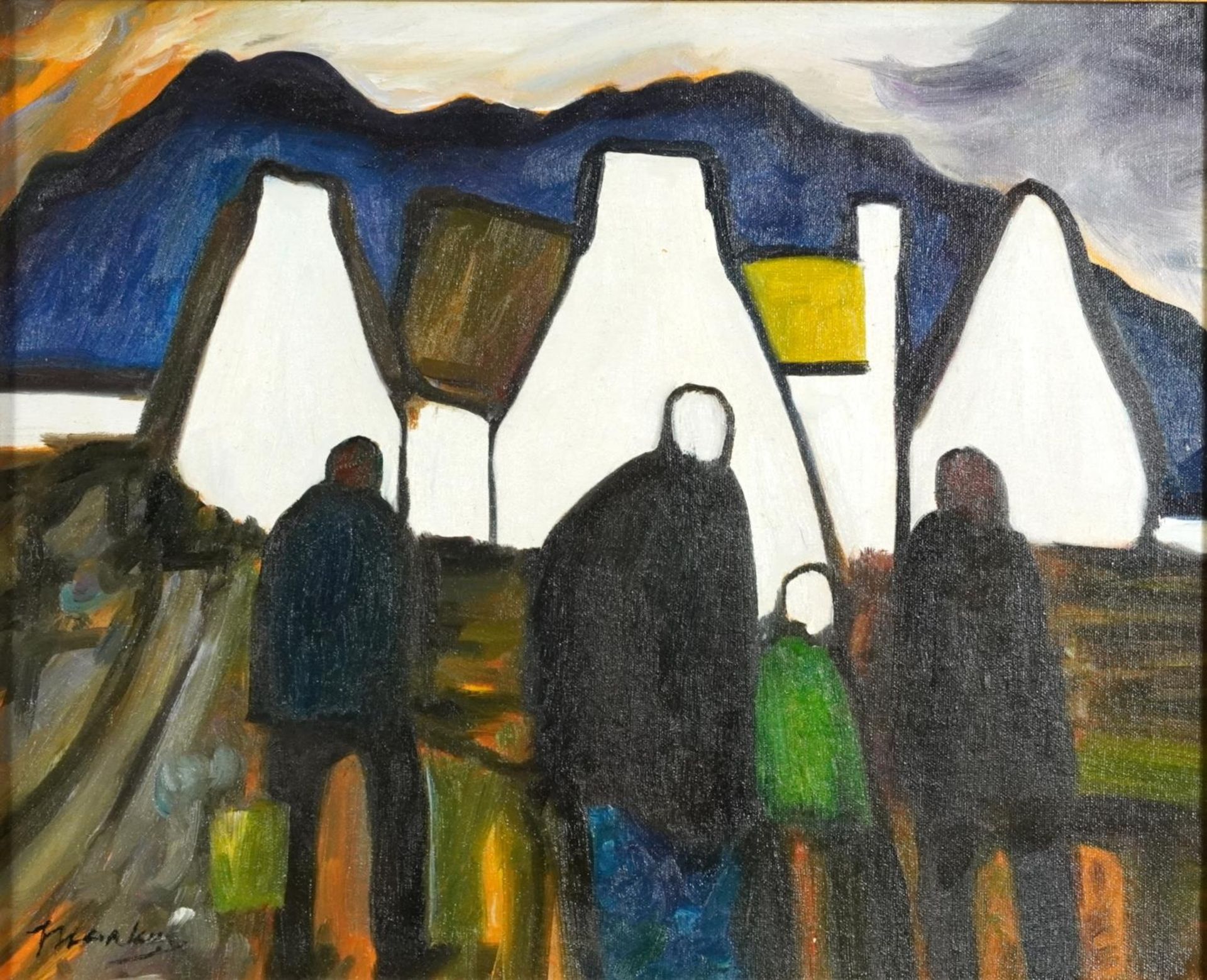 Manner of Markey Robinson - Figures and cottages before a mountainous landscape, Irish school oil on