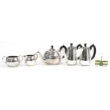 Silver plated items including a Modernist three piece tea set and matching water pot and coffee