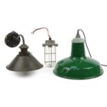 Three vintage and industrial style light fittings including a green enamelled metal light pennant,