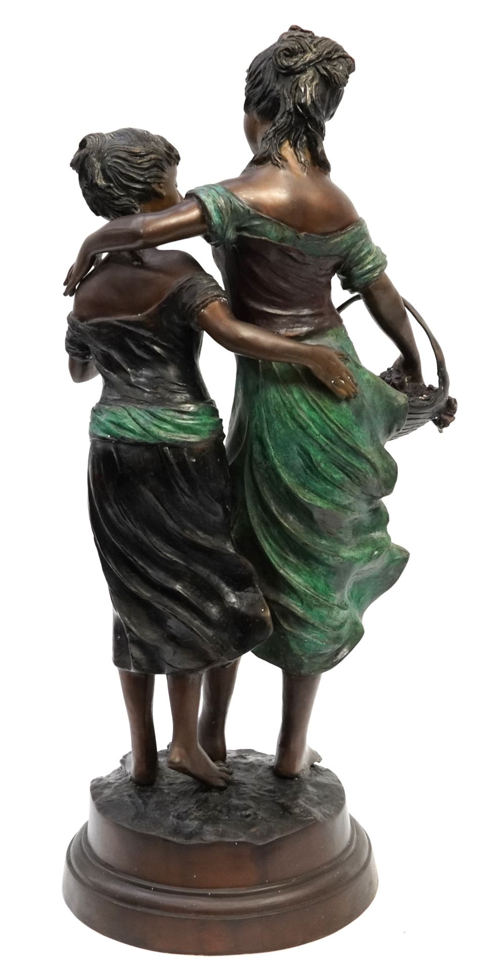 After Claire Colinet, floor standing cold painted bronze figure group of two young girls holding - Image 2 of 3