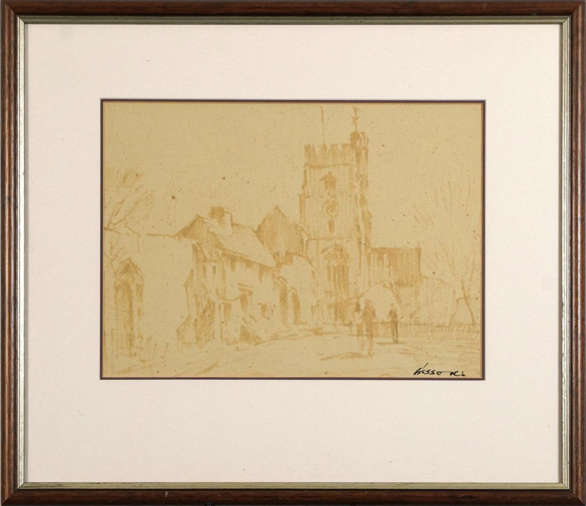 Edward Wesson - Figures before a church, watercolour wash, details verso, mounted, framed and - Bild 2 aus 5