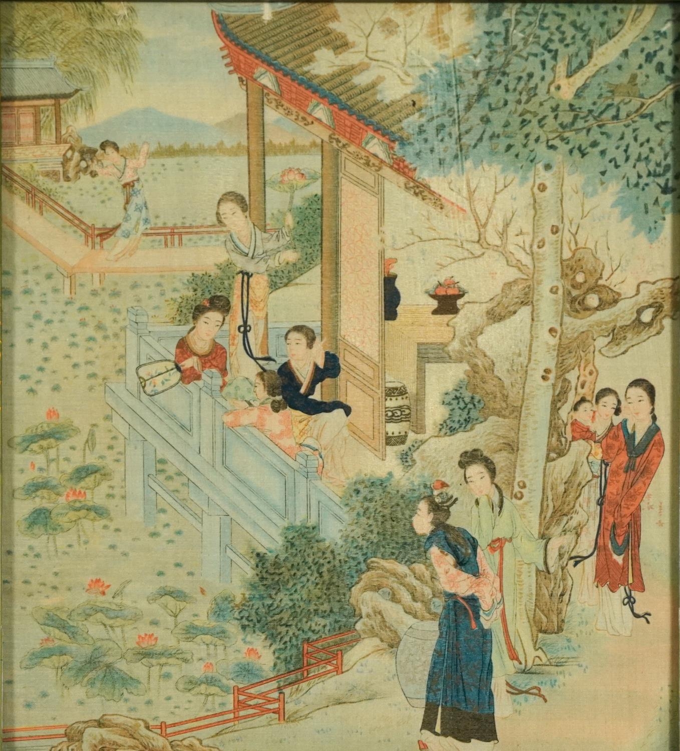 Females in a garden setting, Chinese watercolour on silk, The Wembley Galleries label verso,