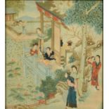 Females in a garden setting, Chinese watercolour on silk, The Wembley Galleries label verso,