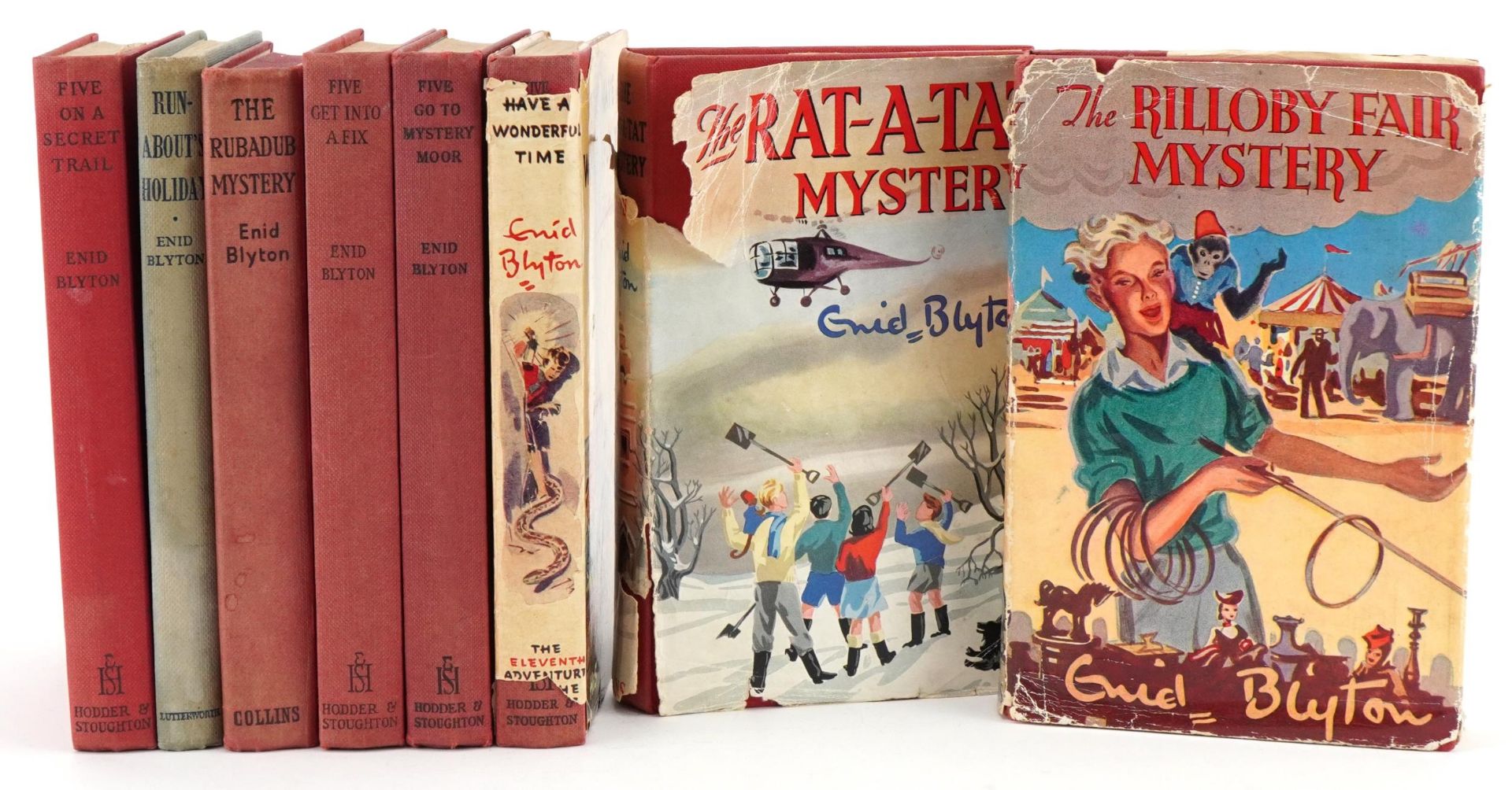 Eight vintage Enid Blyton hardback books, three with dust jackets, including Five Have a Wonderful