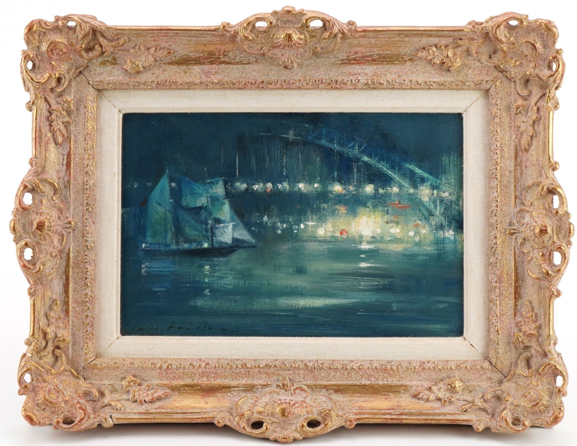 Ian Houston - Sydney Harbour, Nocturne, oil on board, Polak Gallery, London and inscribed label - Bild 2 aus 6