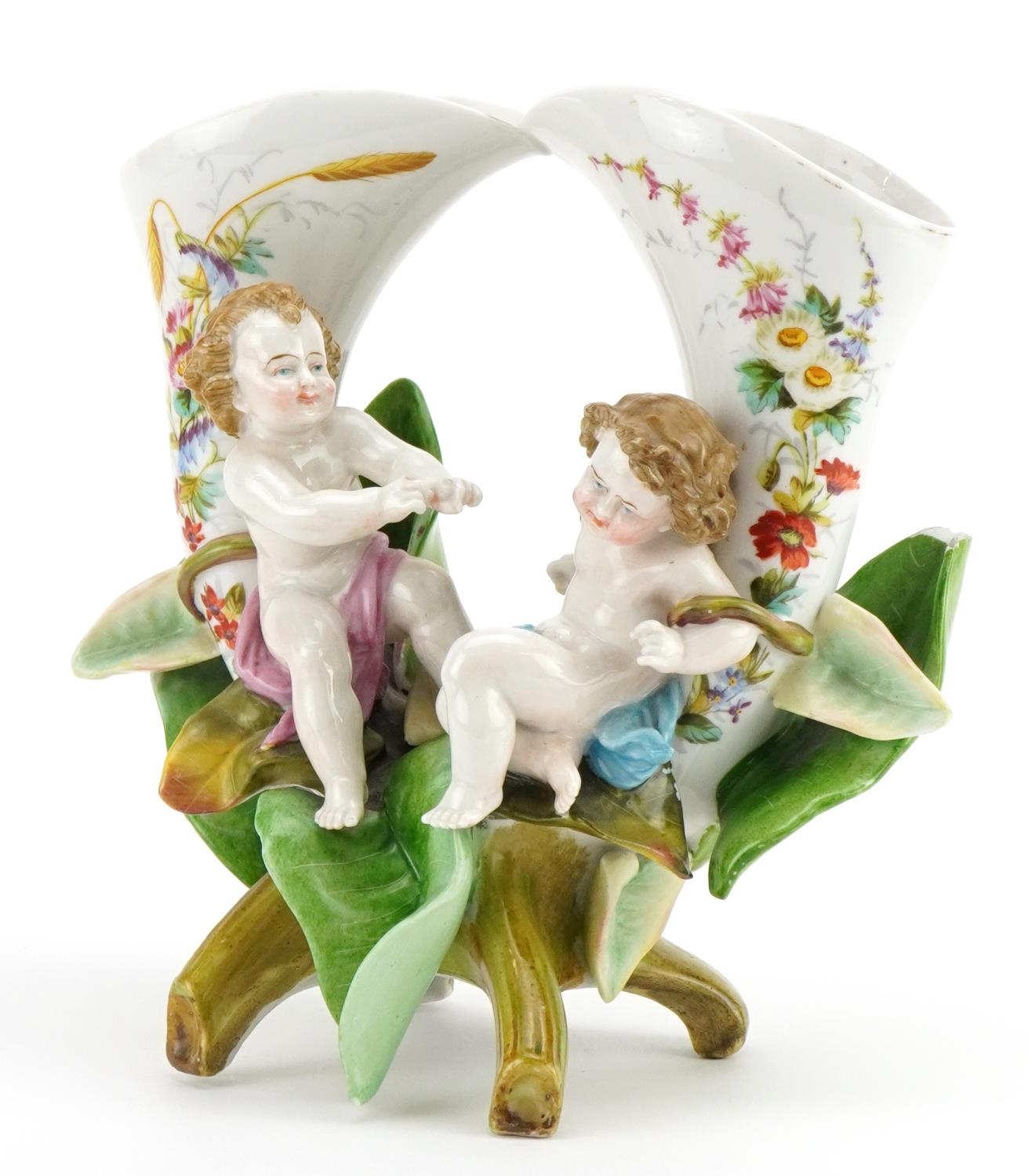 German porcelain naturalistic twin vase surmounted with Putti, hand painted with flowers and - Image 2 of 5