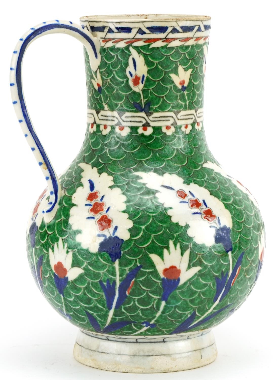Turkish Iznik Ottoman water jug hand painted with stylised leaves onto a green ground, 26cm high For - Image 2 of 3