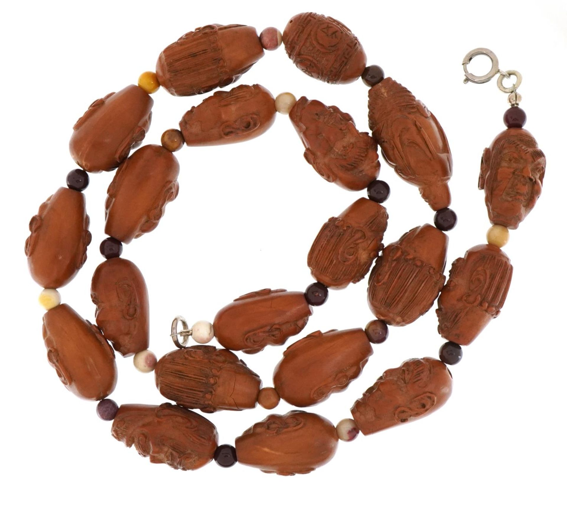 Chinese coquilla nut necklaces carved with faces of elders and Buddhas, 67cm in length For further - Bild 3 aus 3