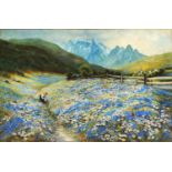 M'Whirter - Female picking flowers before mountains, late 19th/early 20th century watercolour,