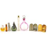Vintage and later scent bottles including a cranberry overlaid glass example etched with a female,