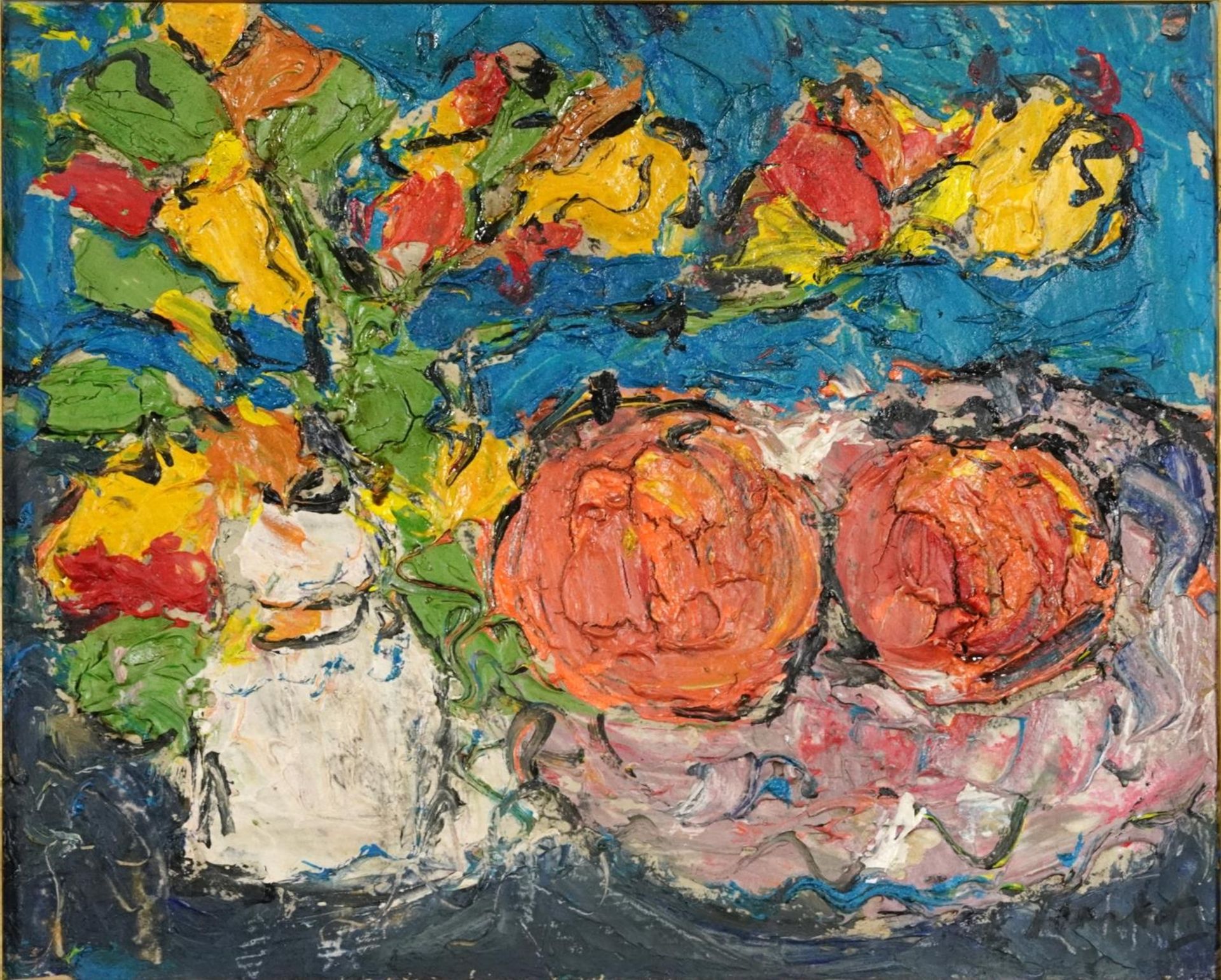 Still life fruit and flowers, Scottish Colourist school impasto oil on board, framed, 39cm x 32cm