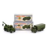 Two Dinky Toys diecast army trucks with boxes comprising 10 Ton Army Truck 622 and Recovery