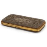 Victorian leather and brass aide memoire calling card case with metallic embroidery, 15cm wide For