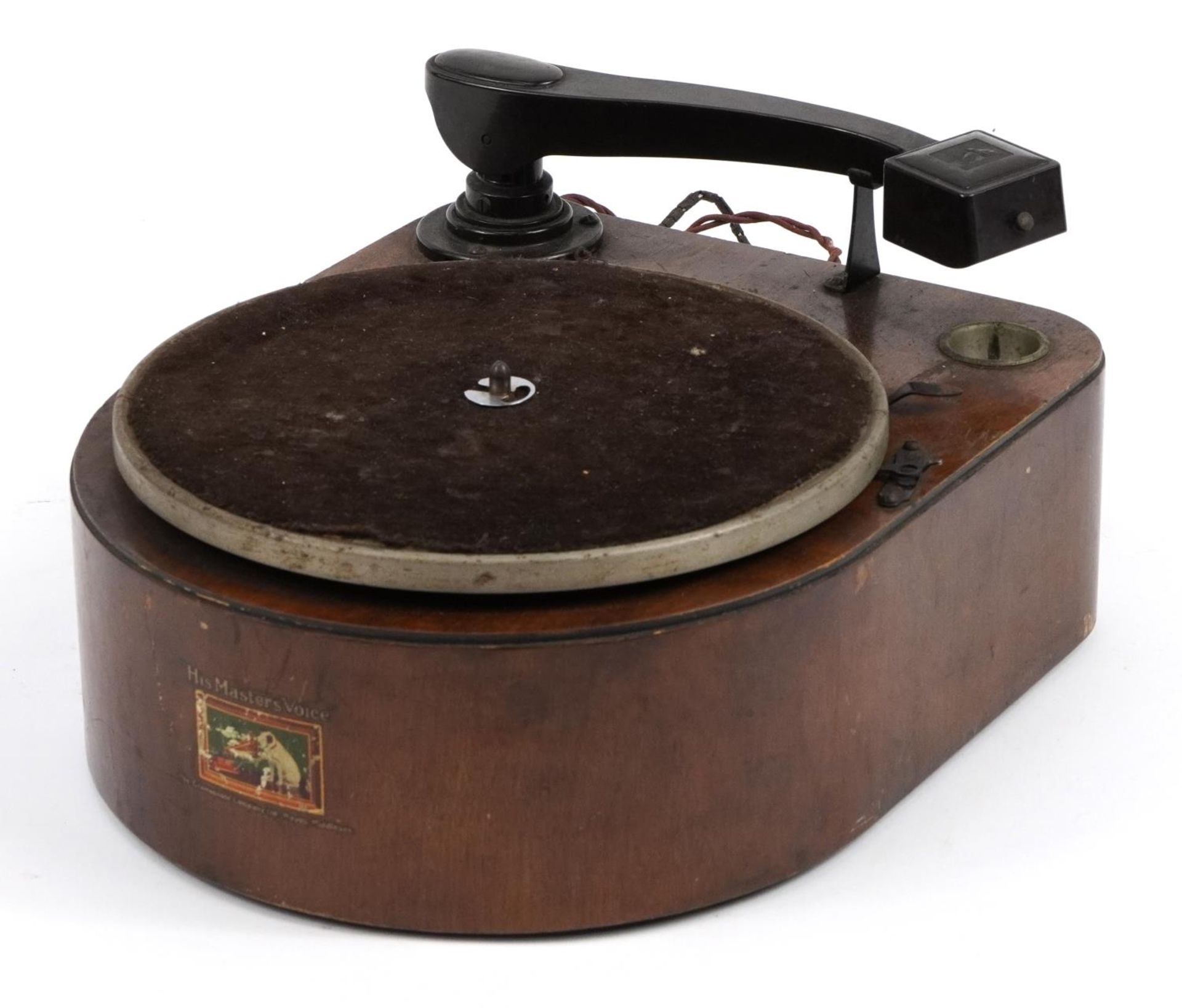 Art Deco walnut His Master's Voice record player with brown Bakelite arm, 32.5cm wide For further