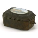 19th century brass jewel casket with hinged lid having an inset oval panel hand painted with a