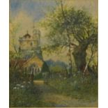 James Lawson Stewart - Pathway towards a church, monogrammed heightened watercolour, inscribed
