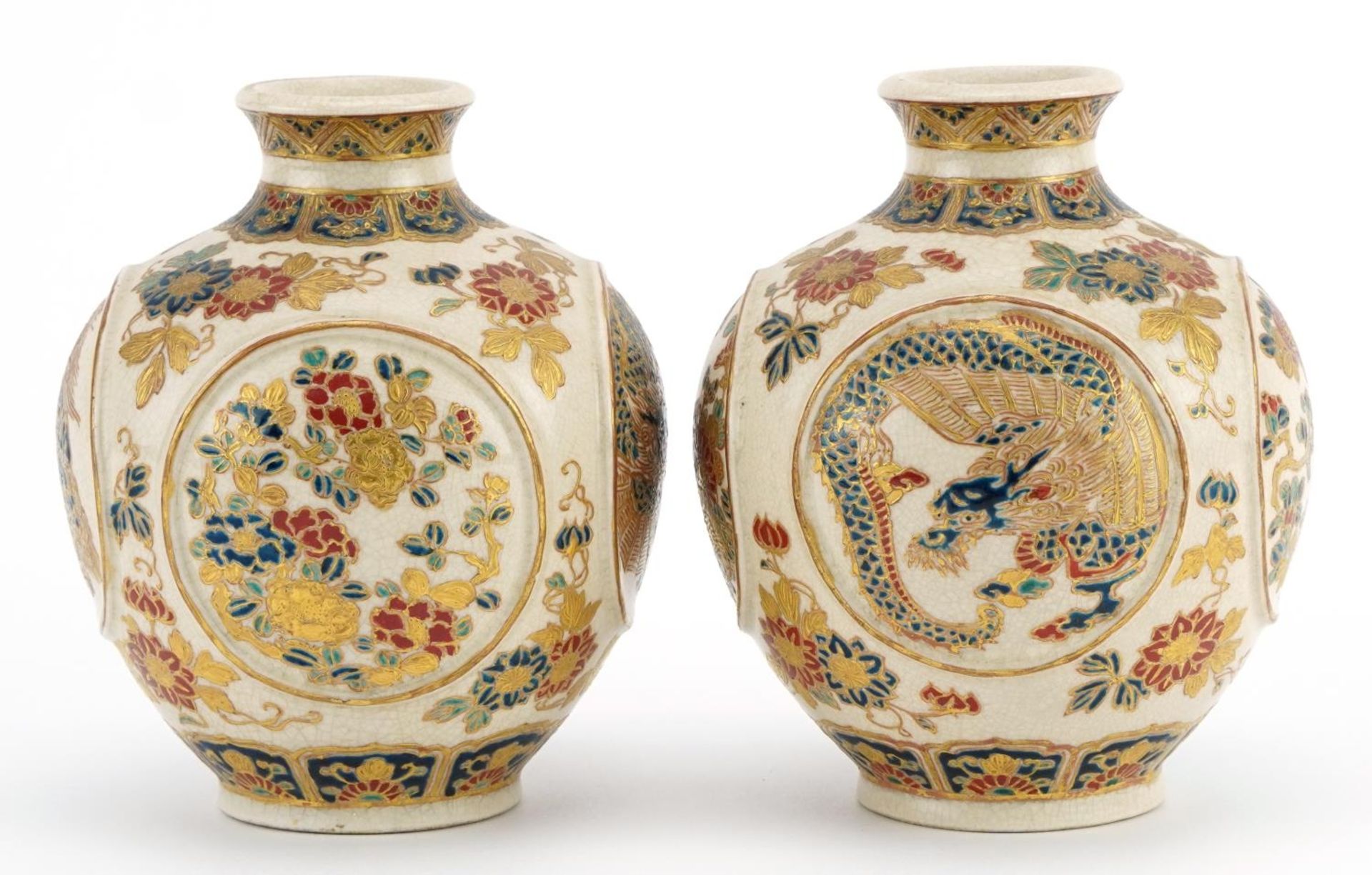 Pair of Japanese Satsuma pottery vases finely gilded with panels of dragons and flowers, character - Image 5 of 6