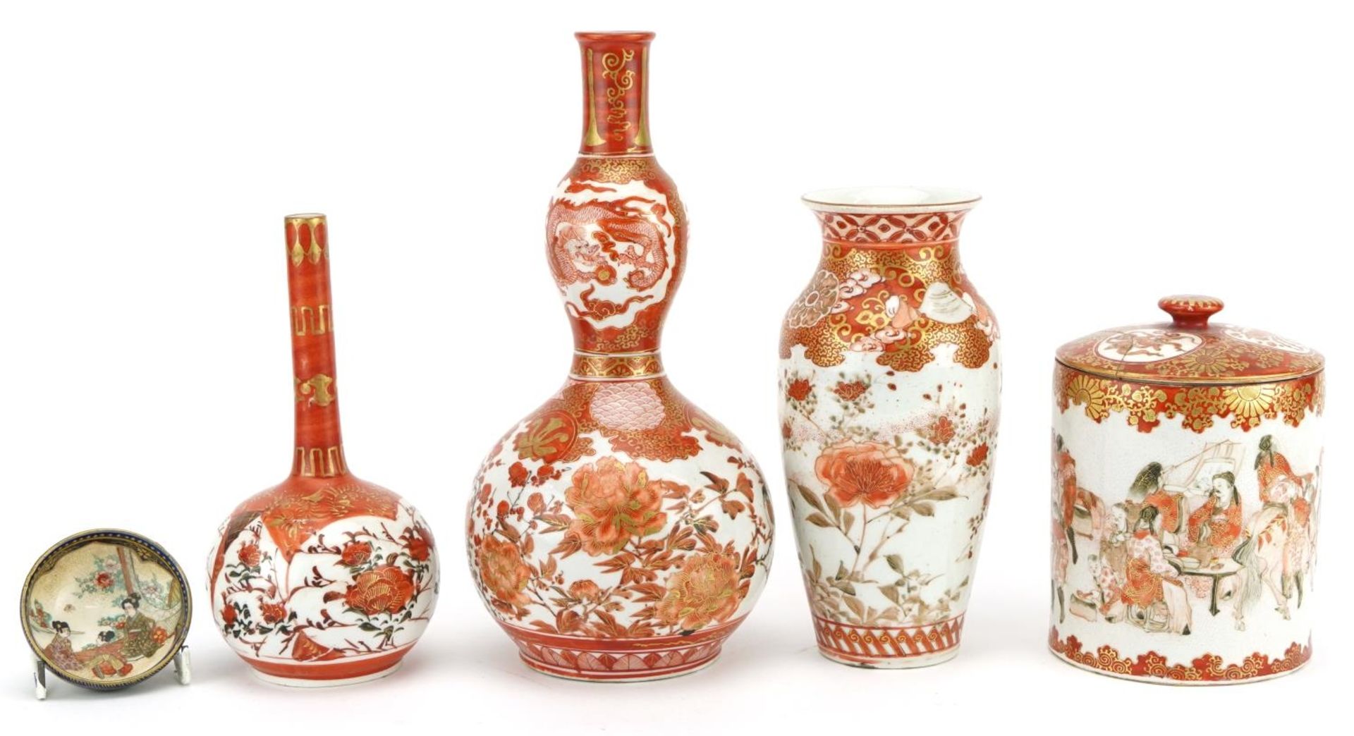 Japanese Kutani and Satsuma pottery comprising three vases, cylindrical pot and cover and bowl