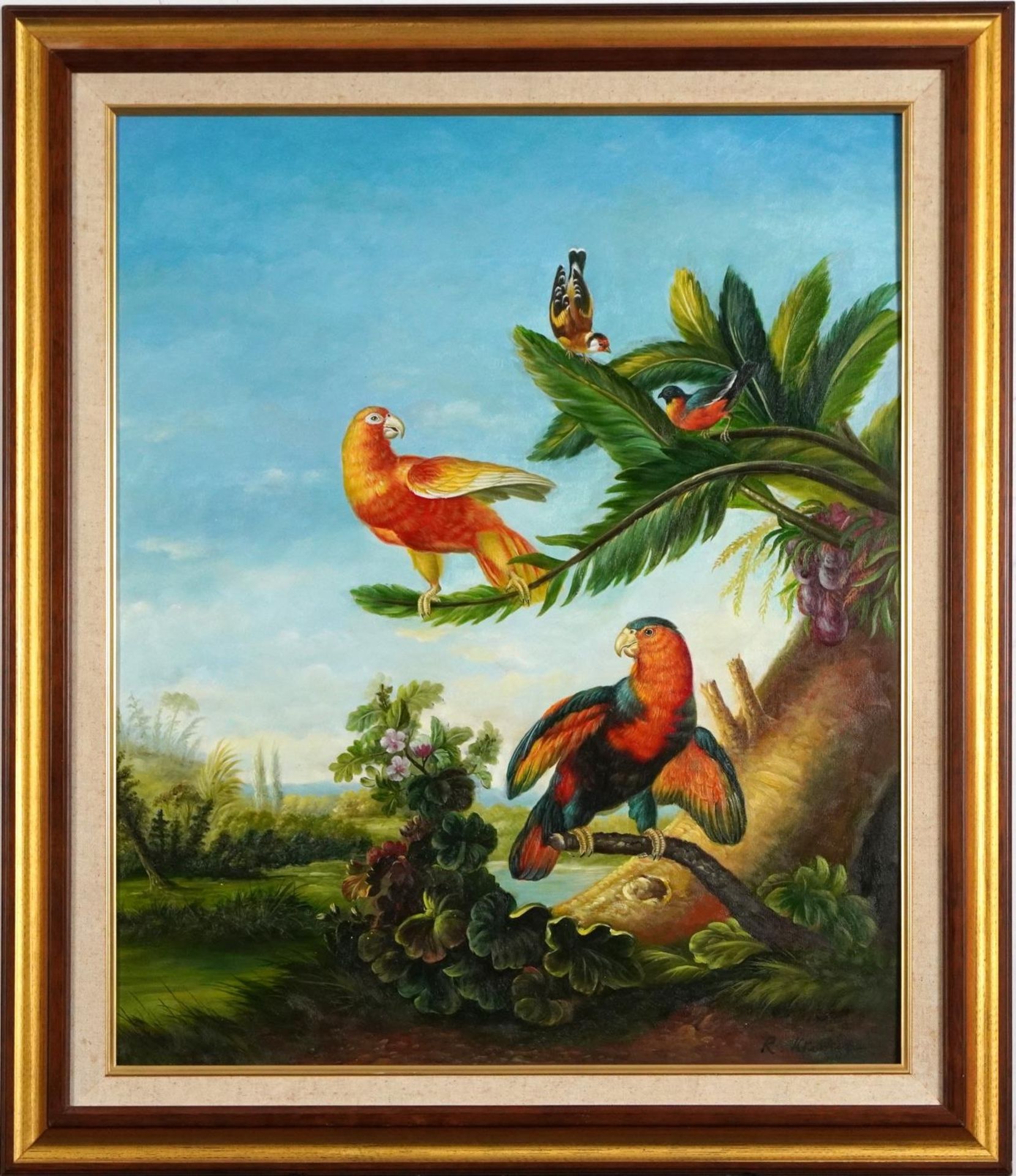 Birds of paradise before landscapes, pair of Old Master style oil on canvasses, each indistinctly - Image 3 of 9