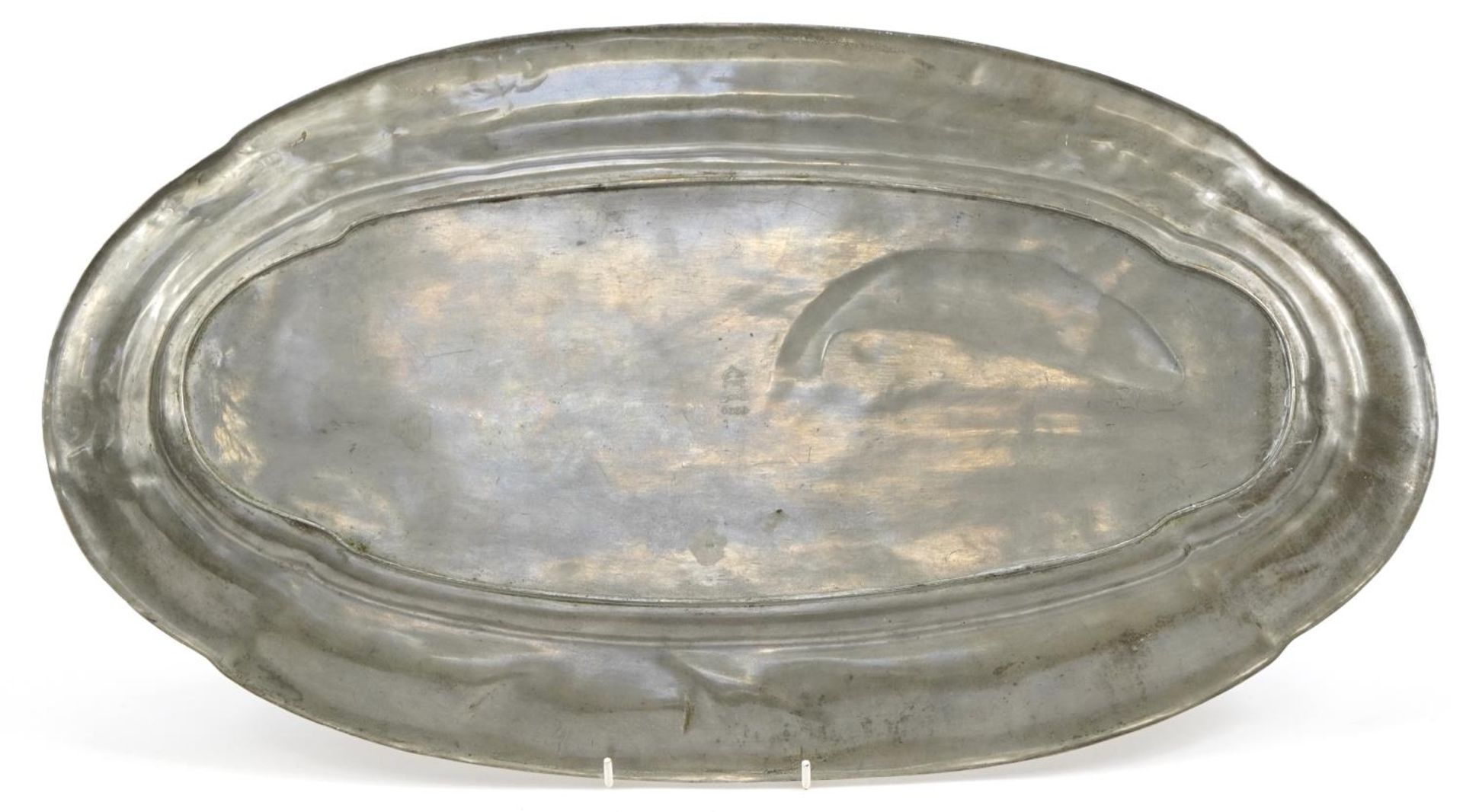 German Art Nouveau pewter serving tray decorated in low relief with fishes and stylised flowers, - Image 2 of 3