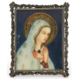 Continental 800 grade silver easel frame housing a hand painted religious icon of a Madonna, 5.5cm x