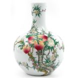 Large Chinese porcelain vase hand painted in the famille rose palette with peaches amongst