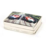 Rectangular silver and enamel pill box, the hinged lid decorated with Formula 1 cars, 5cm wide, 39.