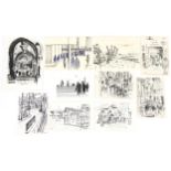 Karel Lek - Street scenes, figures and townscapes, ten Welsh ink and wash on paper, unframed, the