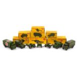 Seven Dinky Toys diecast army vehicles with boxes comprising Army 1-Ton Cargo Truck 741, 25-Pound