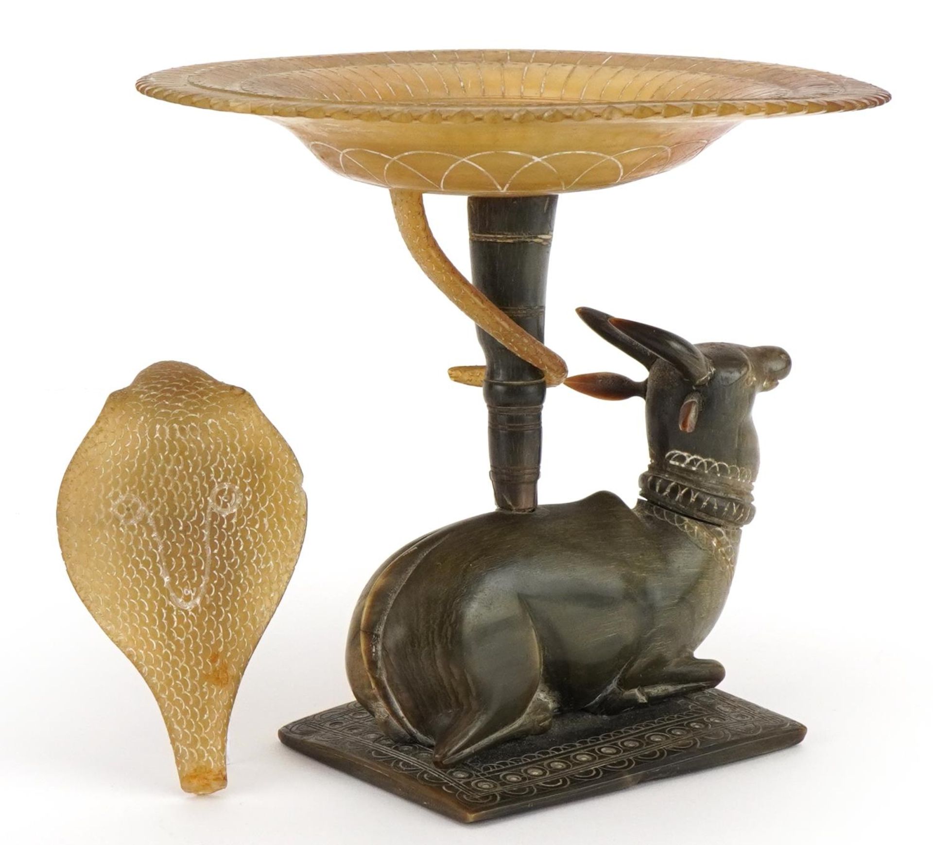 Indian horn pedestal dish carved with a water buffalo and cobra, signed to the base, overall 19cm - Image 4 of 6