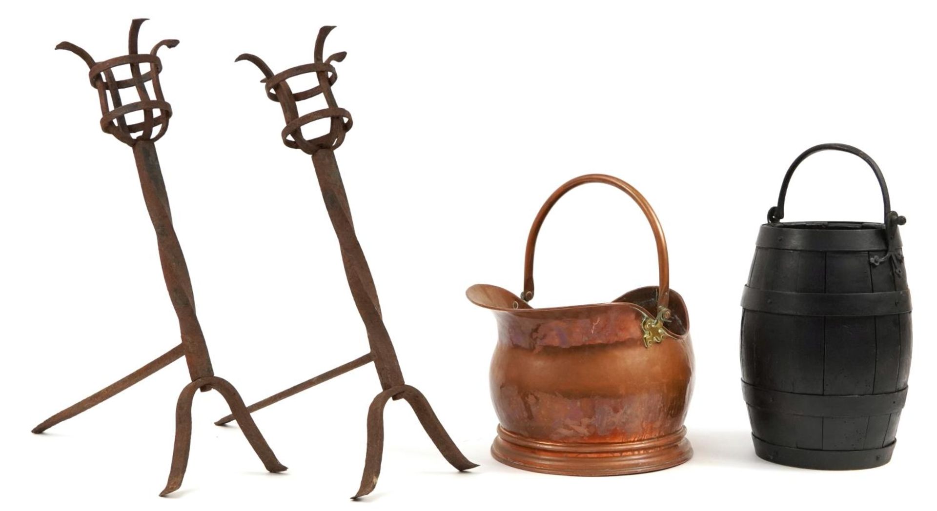 Victorian copper coal scuttle with swing handle, pair of cast iron firedogs and a metal bound