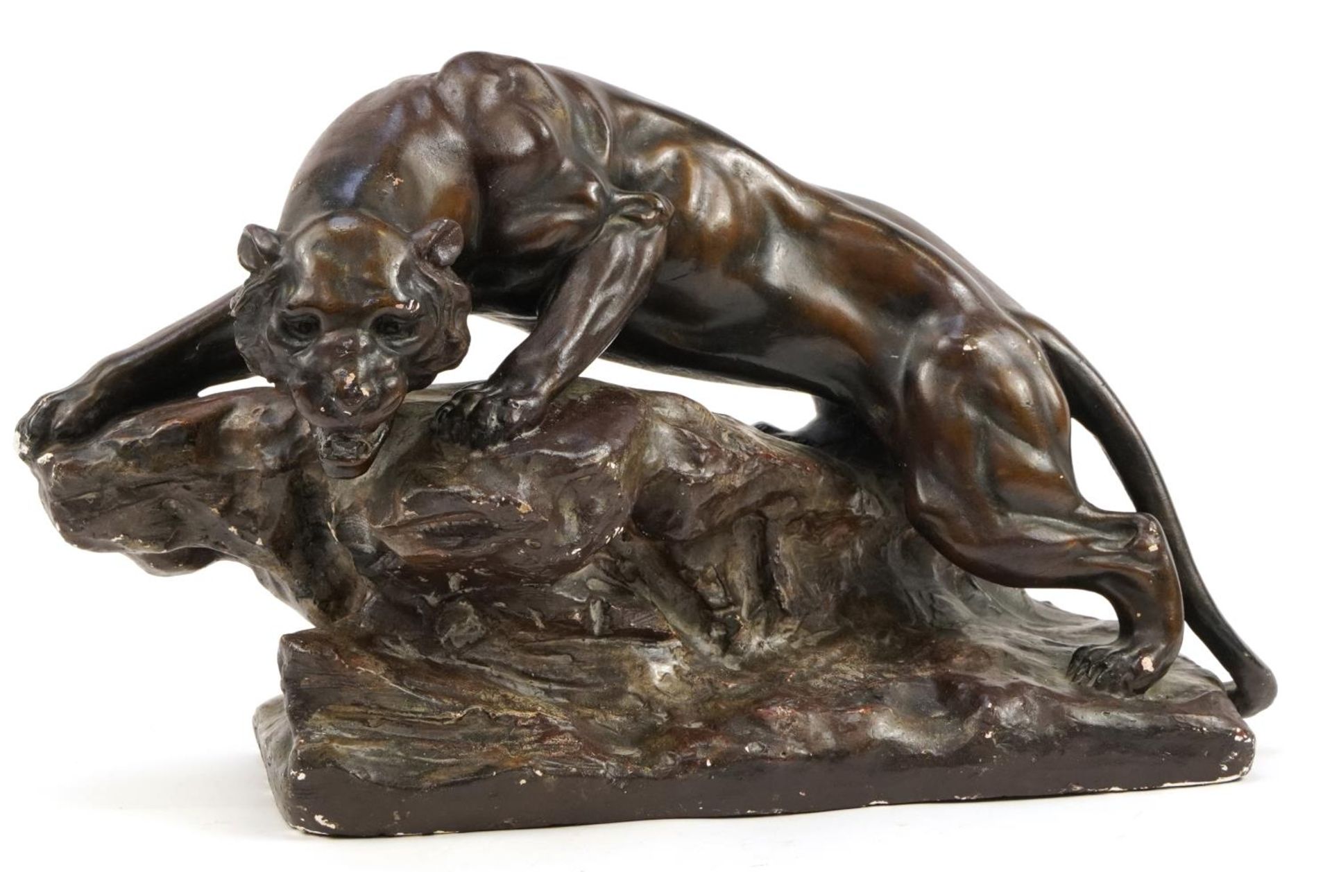 French Art Deco bronzed plaster sculpture of a lion on rock, signed Berce, 47cm in length For - Image 2 of 5
