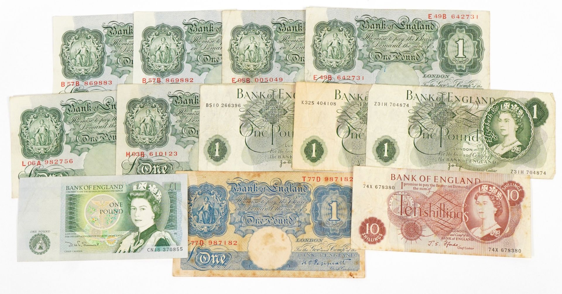 Bank of England banknotes comprising ten shillings and one pound, including emergency issue one